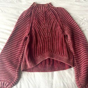 Free People Plaited Maroon Burgundy Sweetheart Sweater Cropped Balloon Sleeve